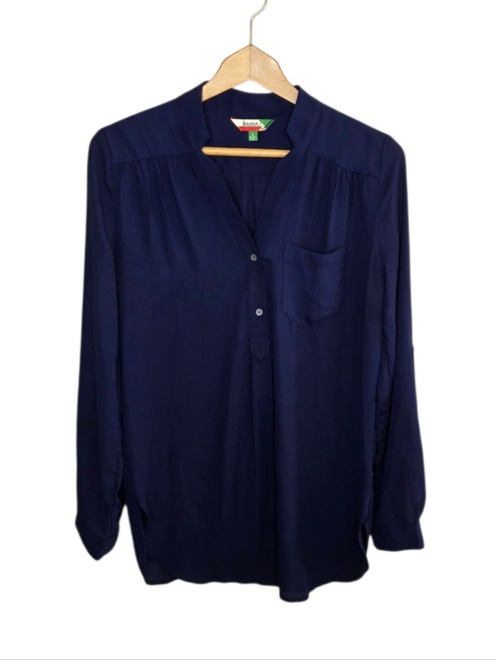 Fervour Navy Blue V-neck Popover Blouse Roll Tab Sleeves Size Small